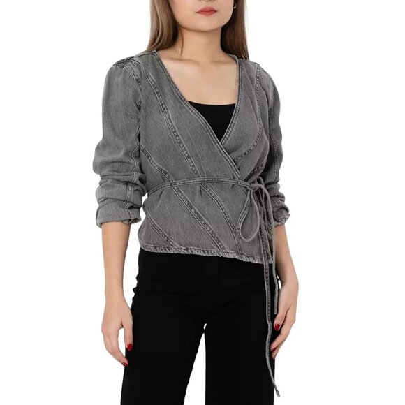 2/$30 ZARA Small Gray Wrap Style Denim Jacket - Picture 3 of 16